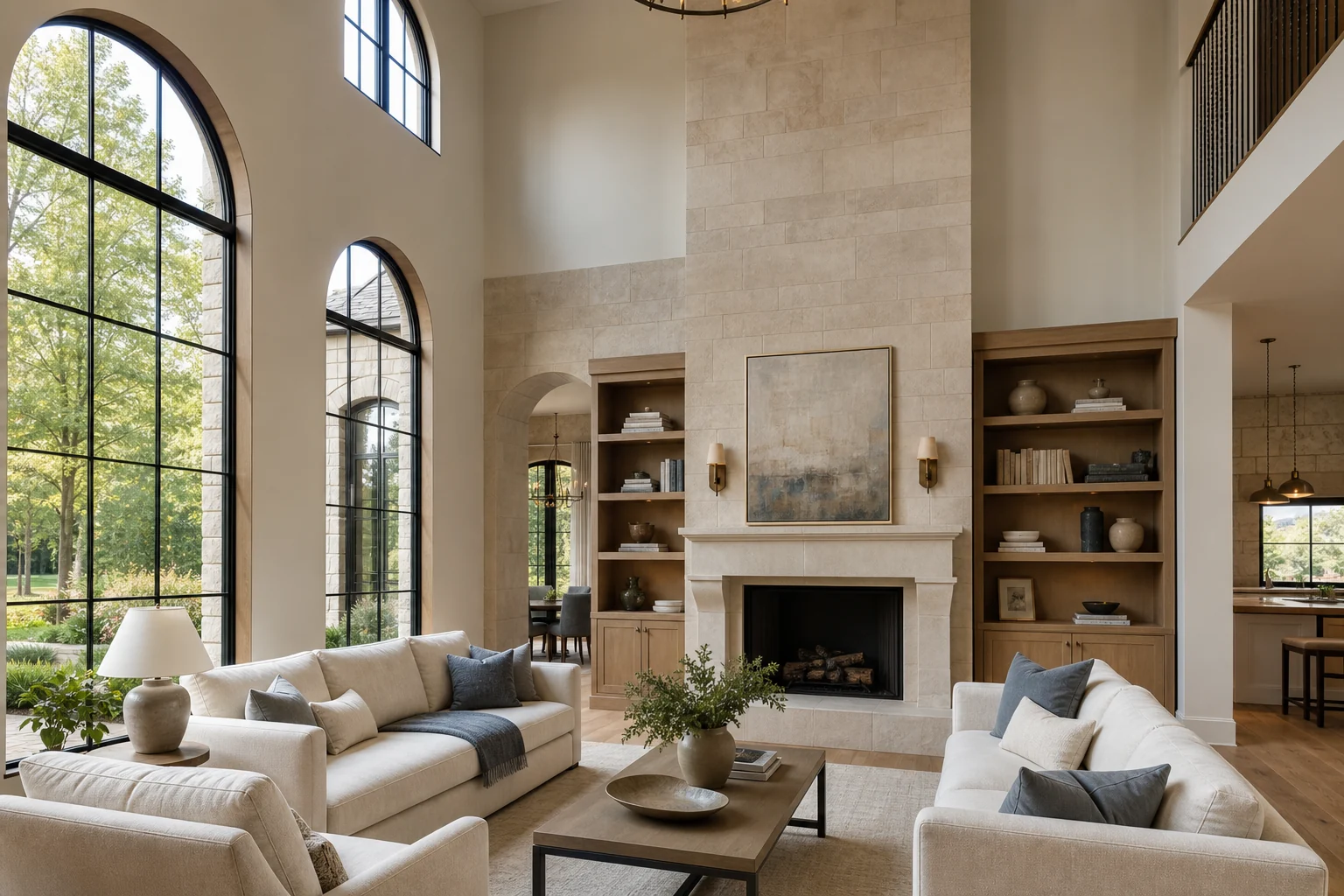 Great room with arched windows, natural stone, and custom millwork