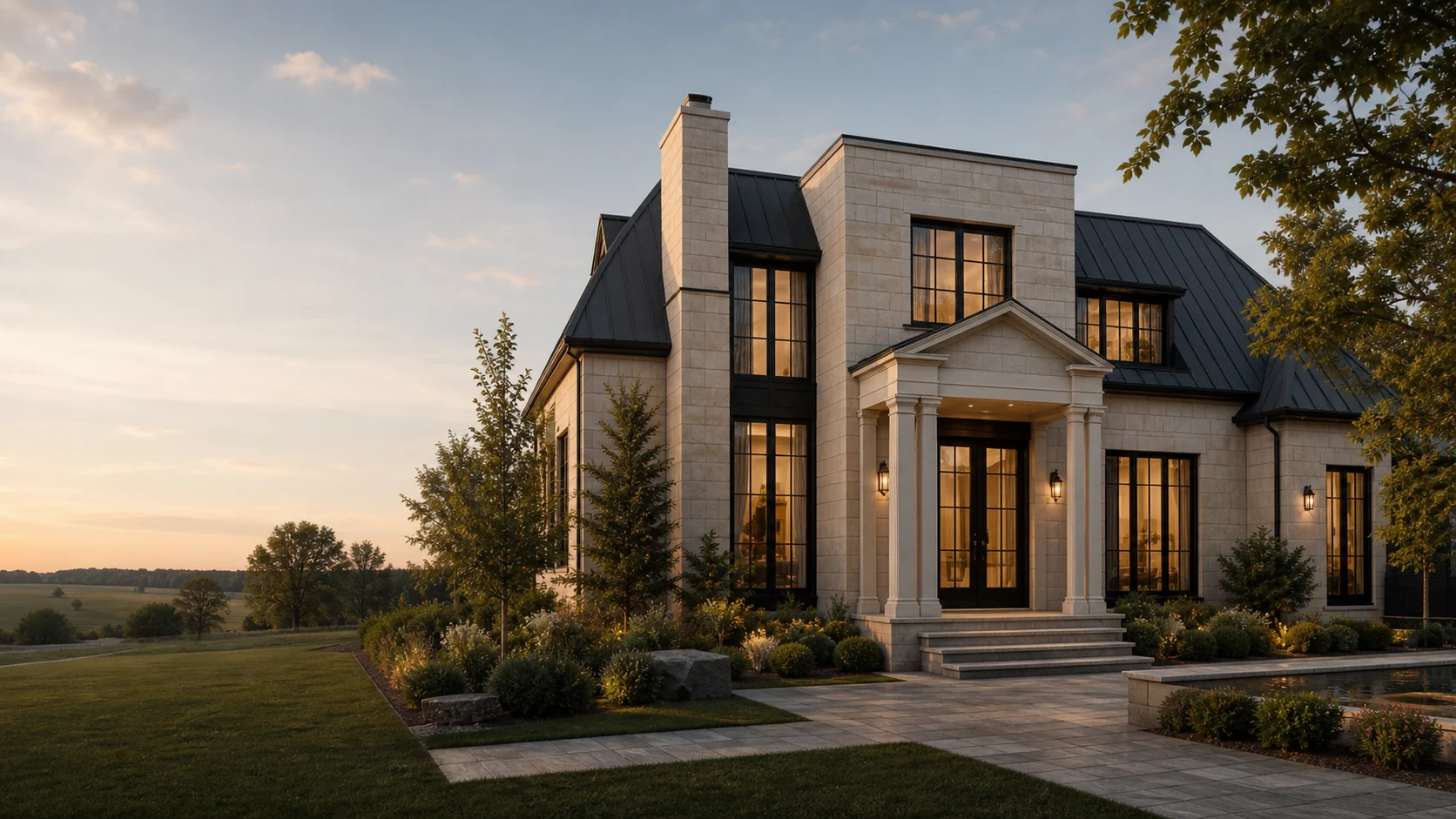A refined custom home at sunset