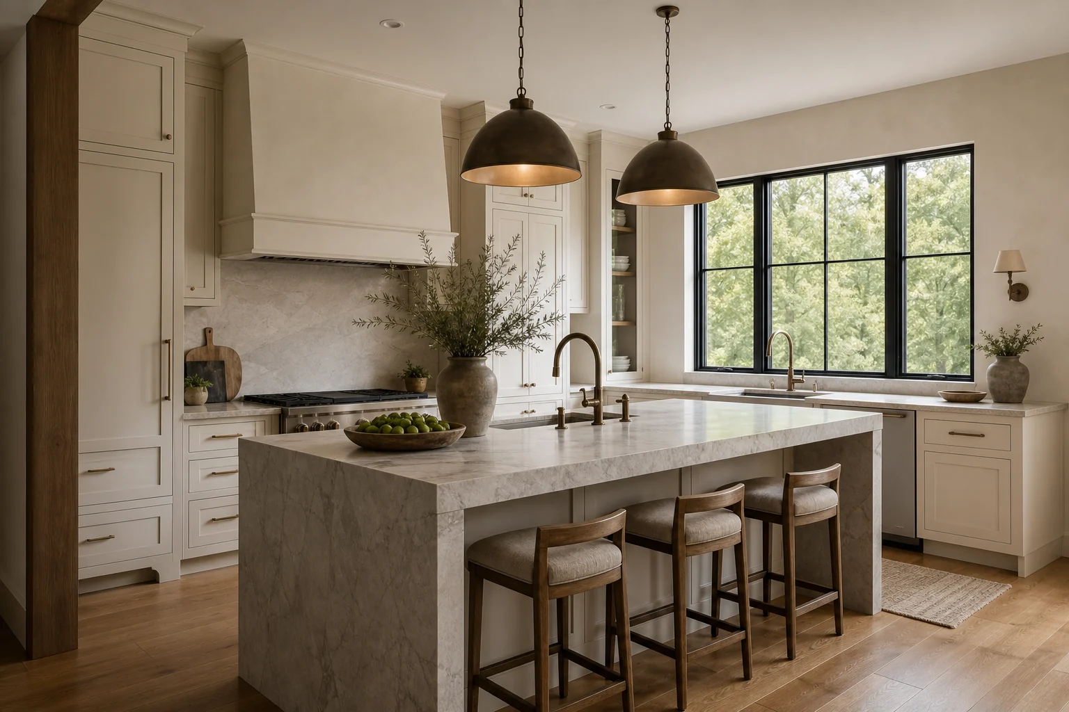 Warm custom kitchen with a stone island and bronze lighting