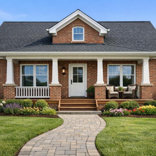 A brick house with multiple windows on a clear day