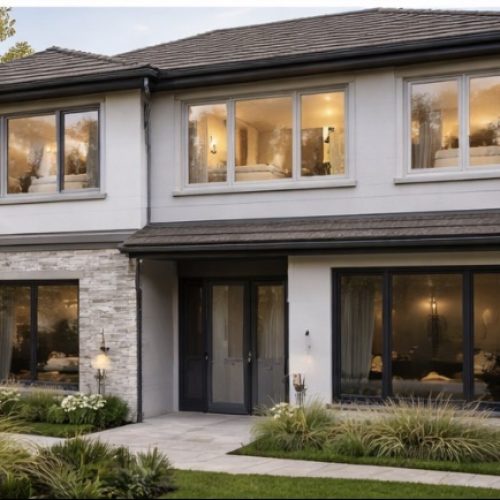 Modern home with large windows and clean lines in exterior design